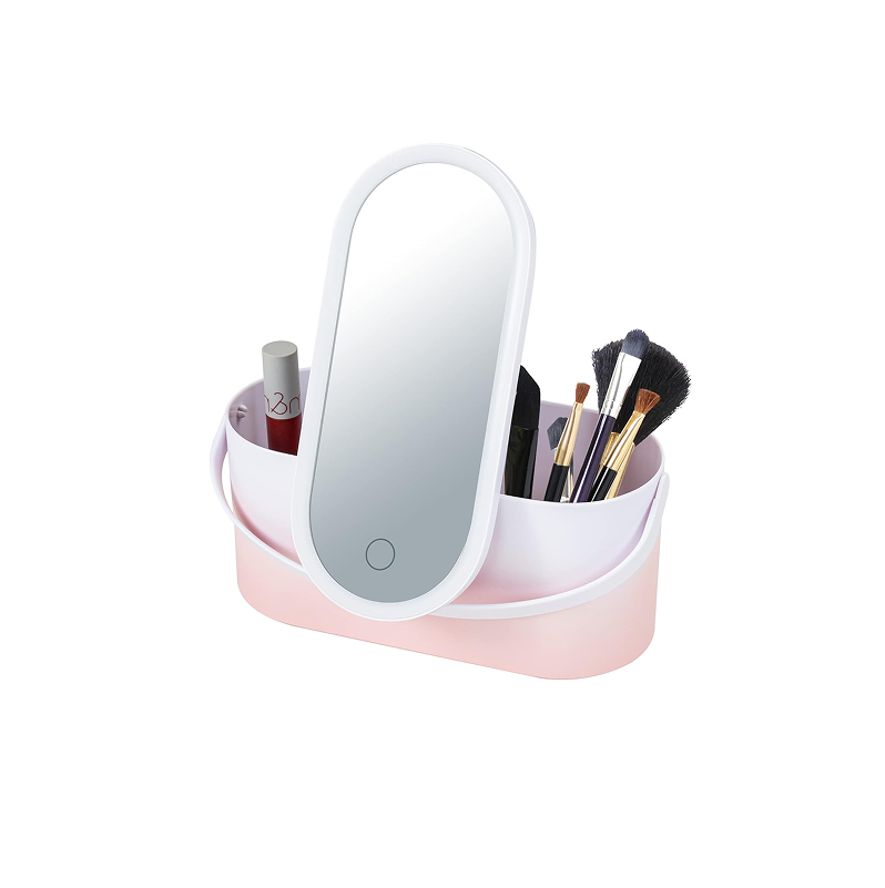 A portable makeup organizer with LED mirror,  in a pink and white color scheme.