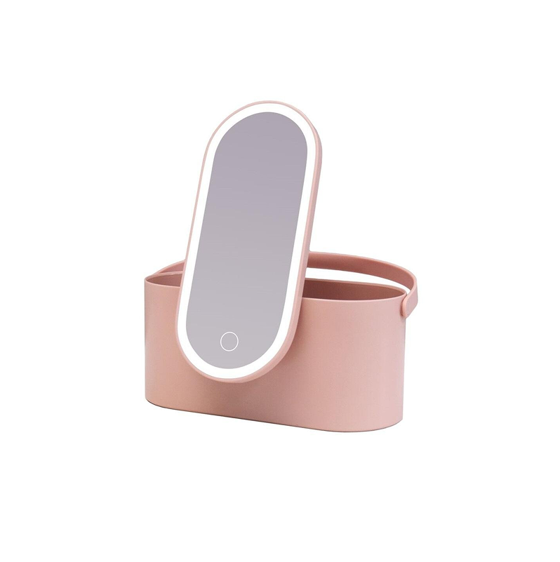 A portable makeup organizer with LED mirror,  in a pink and white color scheme.