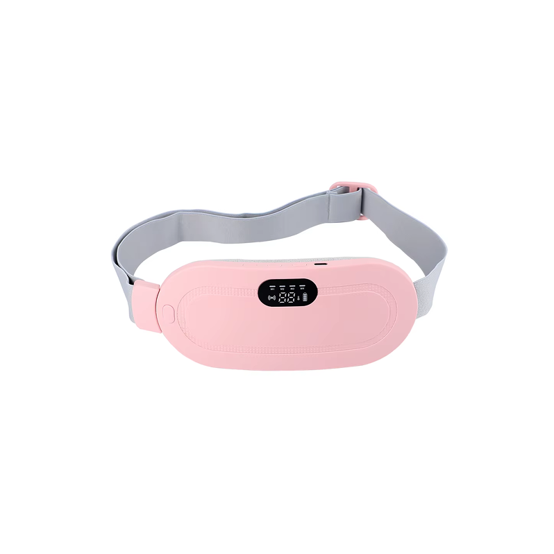 A pink heated massage belt with a digital display and adjustable straps.