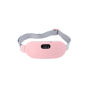 A pink heated massage belt with a digital display and adjustable straps.