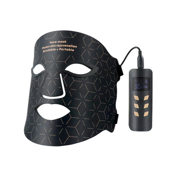 A black face mask with a geometric pattern and a digital device attached, indicating the Photon Skin Rejuvenation Instrument.